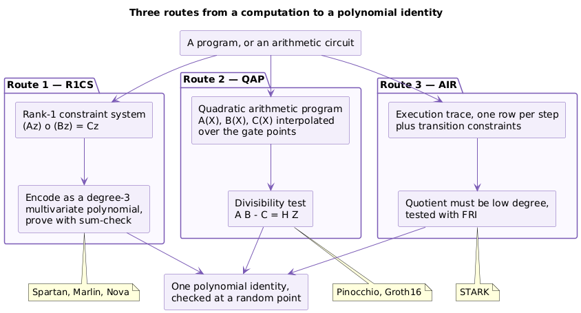Three routes from a computation to a polynomial identity