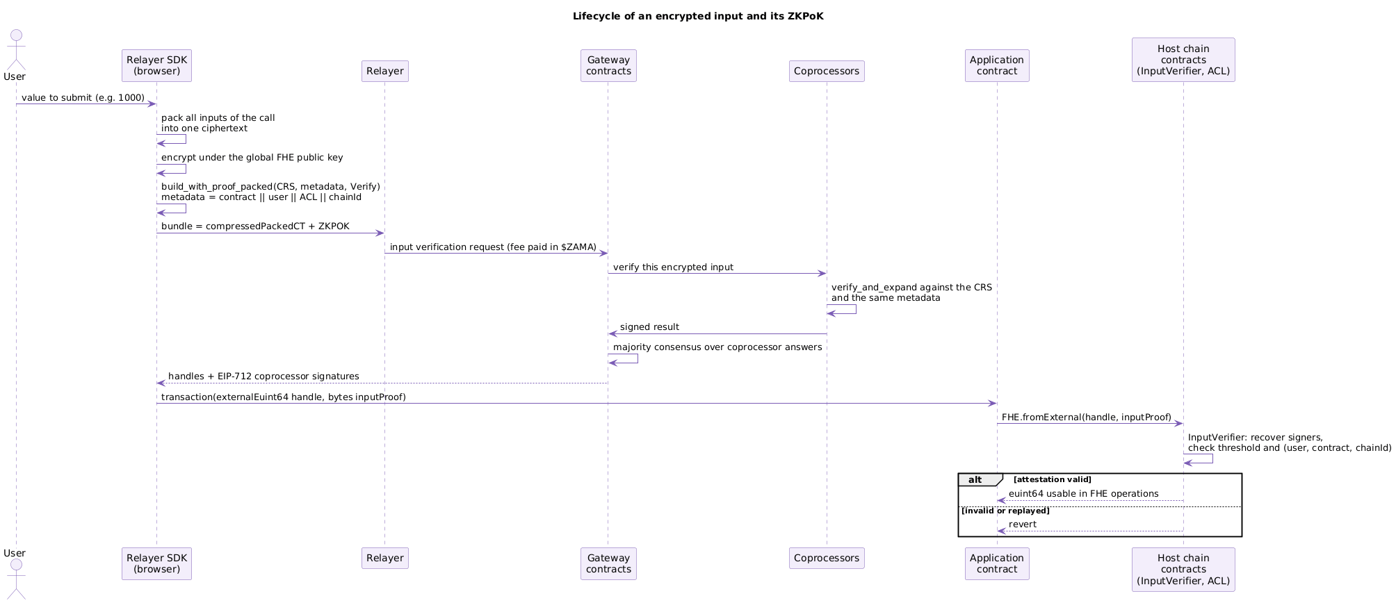 Lifecycle of an encrypted input and its ZKPoK